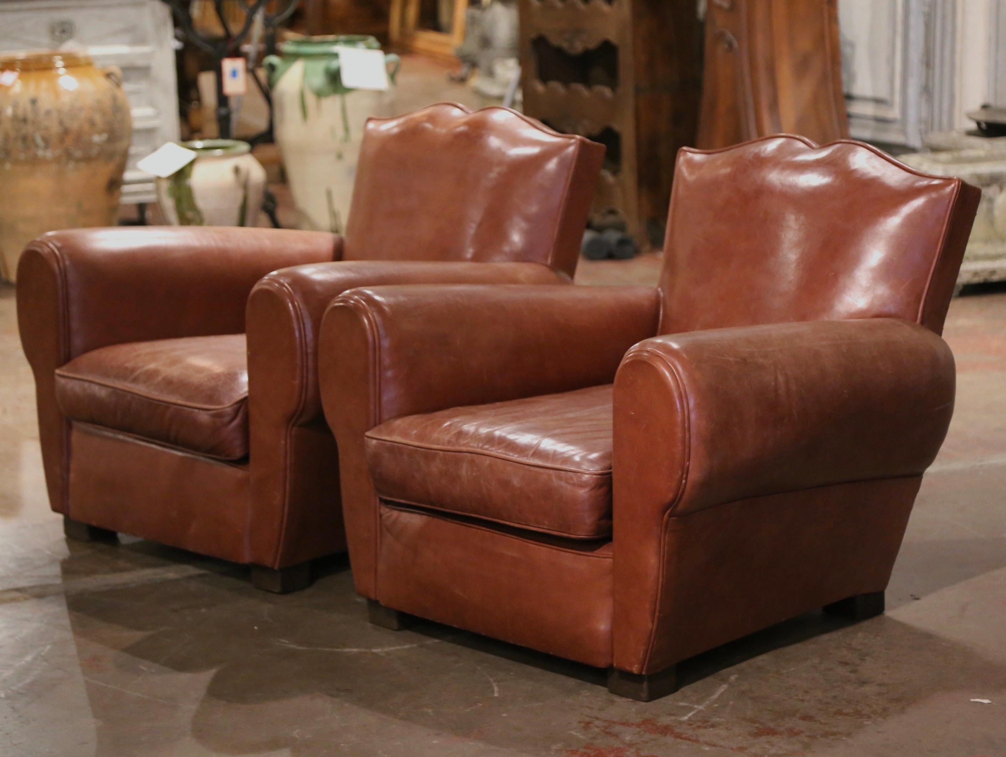 Art Deco Pair of Early 20th Century French Tan Leather Club Armchairs 