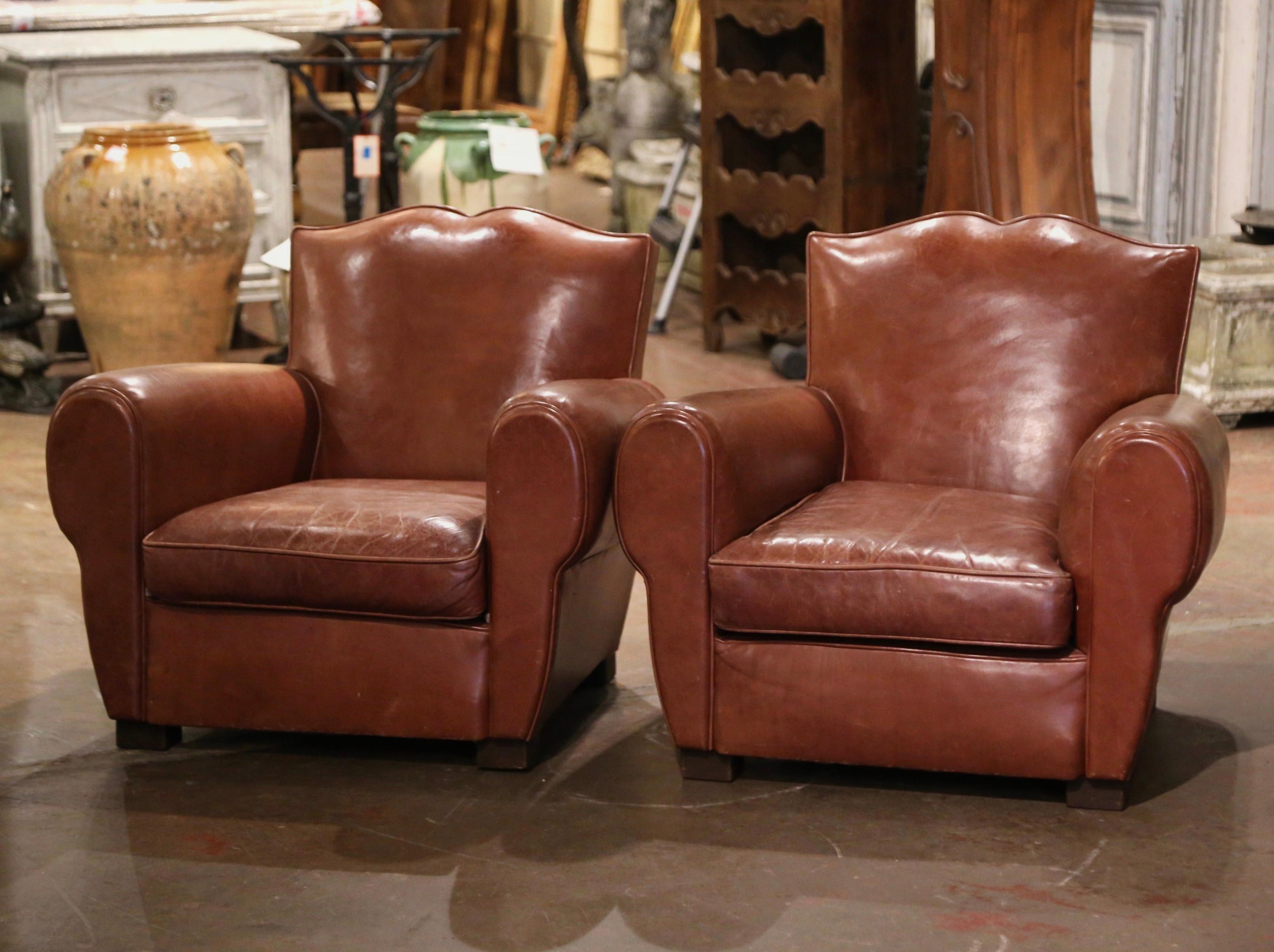 Pair of Early 20th Century French Tan Leather Club Armchairs 