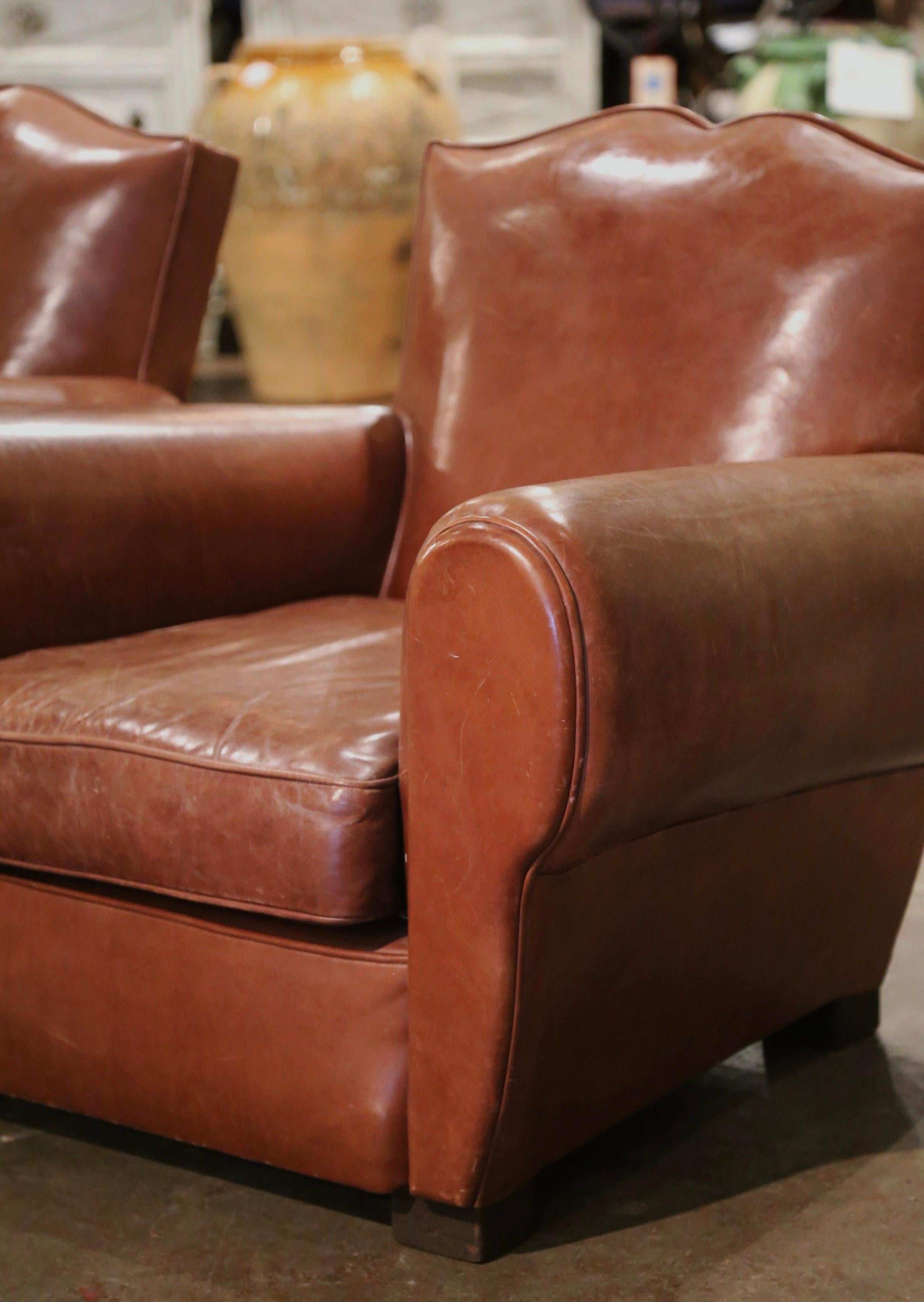 Pair of Early 20th Century French Tan Leather Club Armchairs 