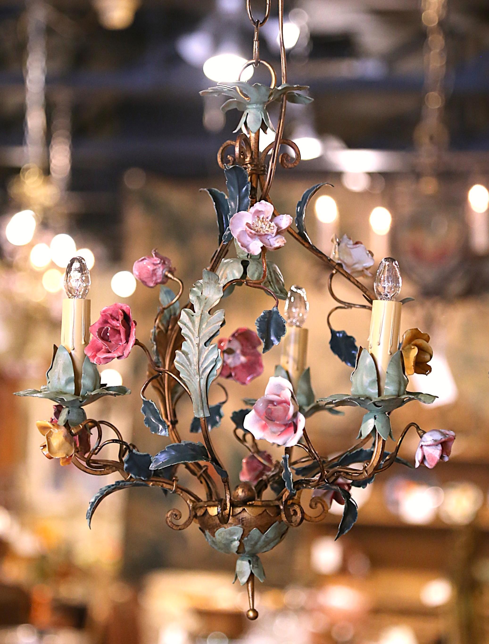 Pair of Early 20th Century French Three-Light Chandeliers with Porcelain Flowers For Sale 5