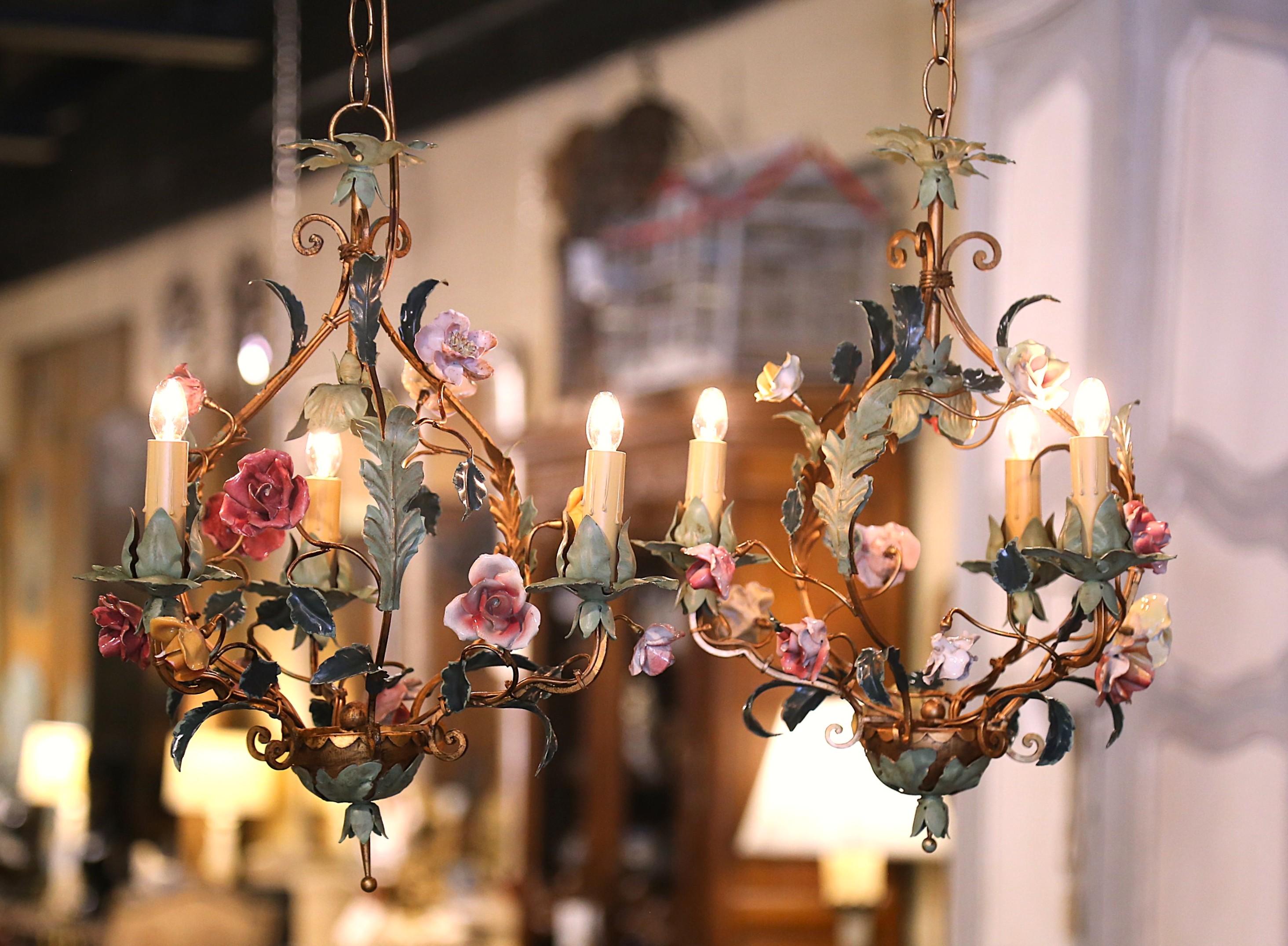 Hand-Crafted Pair of Early 20th Century French Three-Light Chandeliers with Porcelain Flowers For Sale