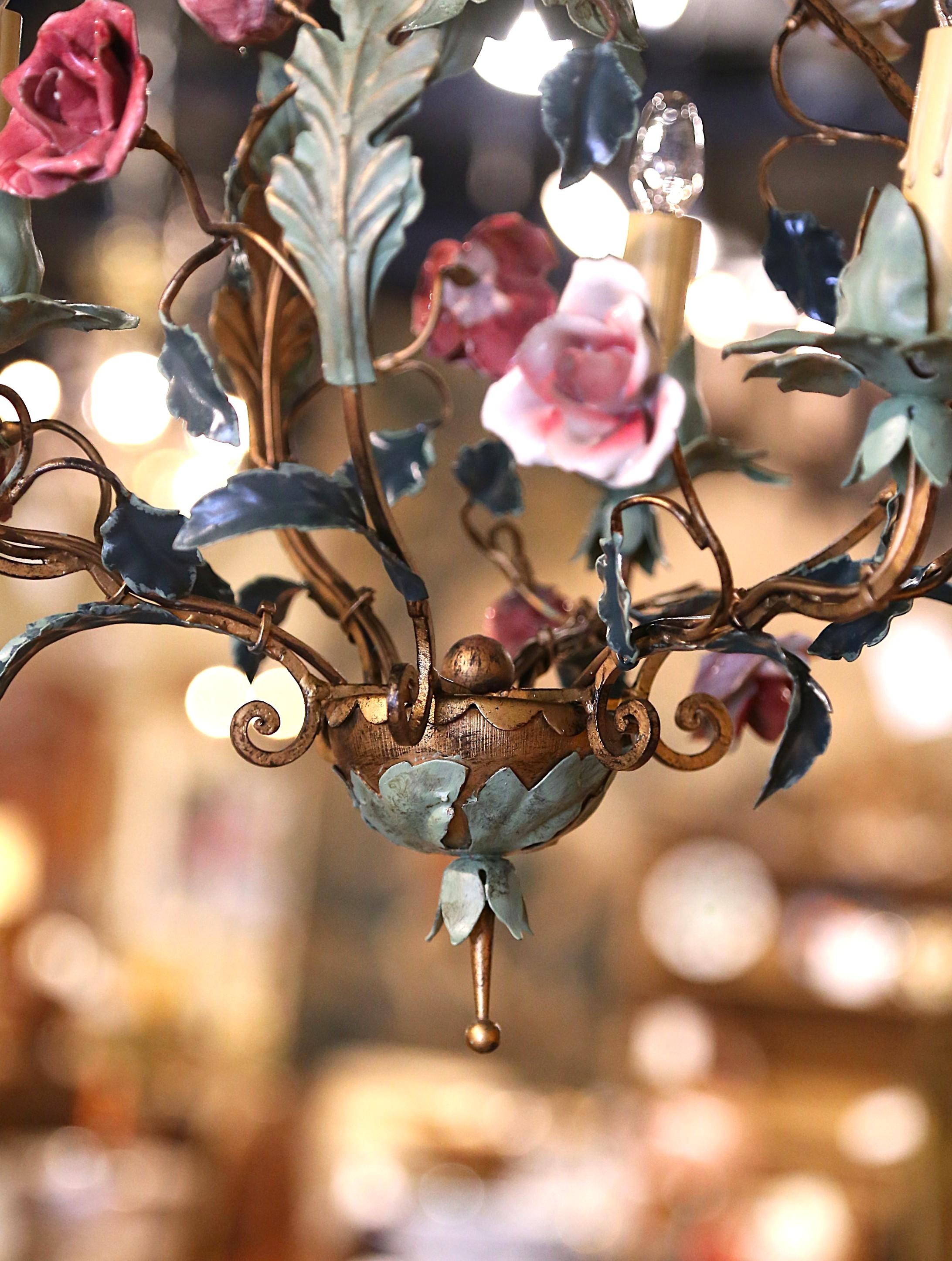 Pair of Early 20th Century French Three-Light Chandeliers with Porcelain Flowers In Excellent Condition For Sale In Dallas, TX
