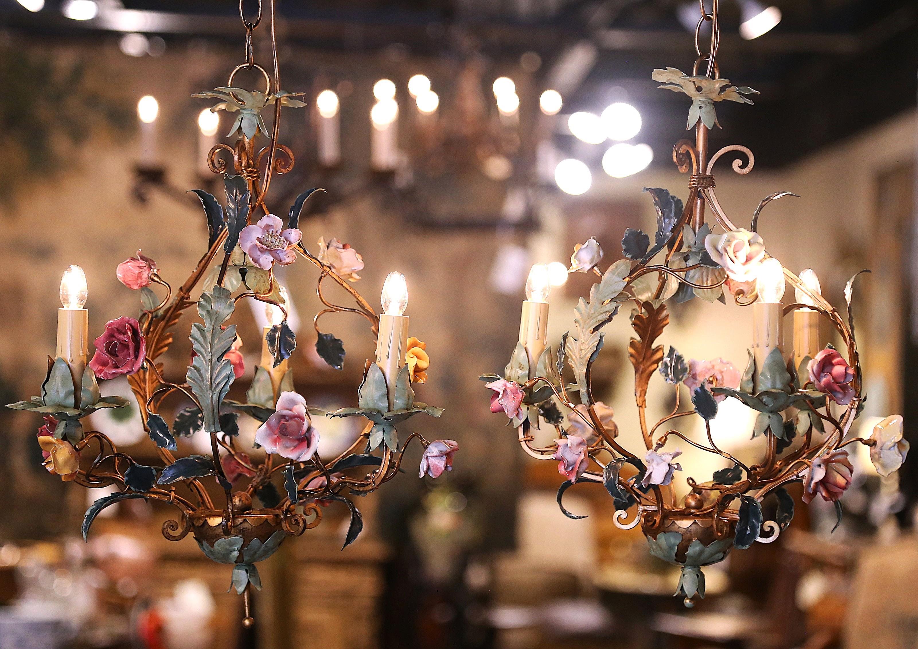 Metal Pair of Early 20th Century French Three-Light Chandeliers with Porcelain Flowers For Sale