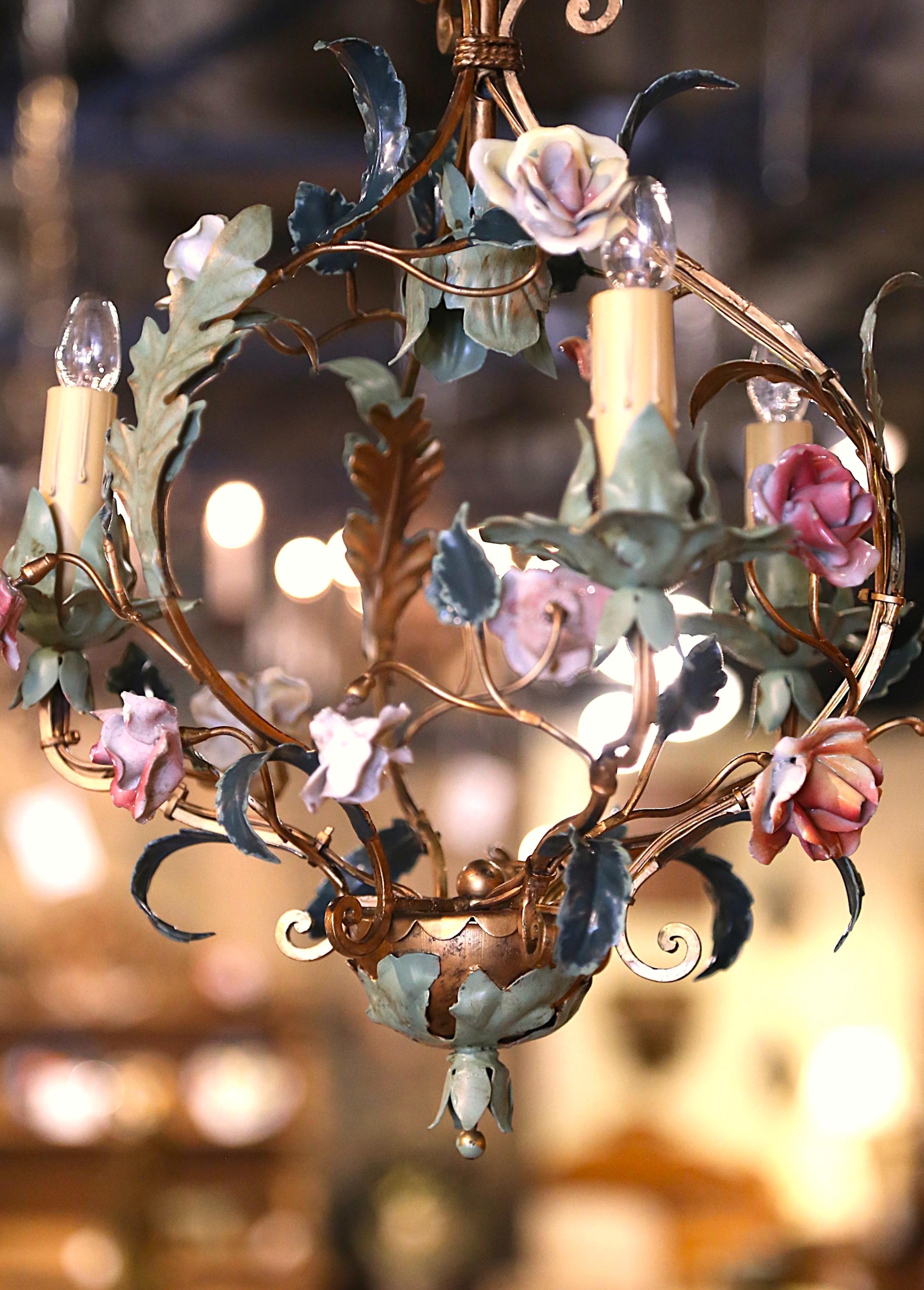 Pair of Early 20th Century French Three-Light Chandeliers with Porcelain Flowers For Sale 1