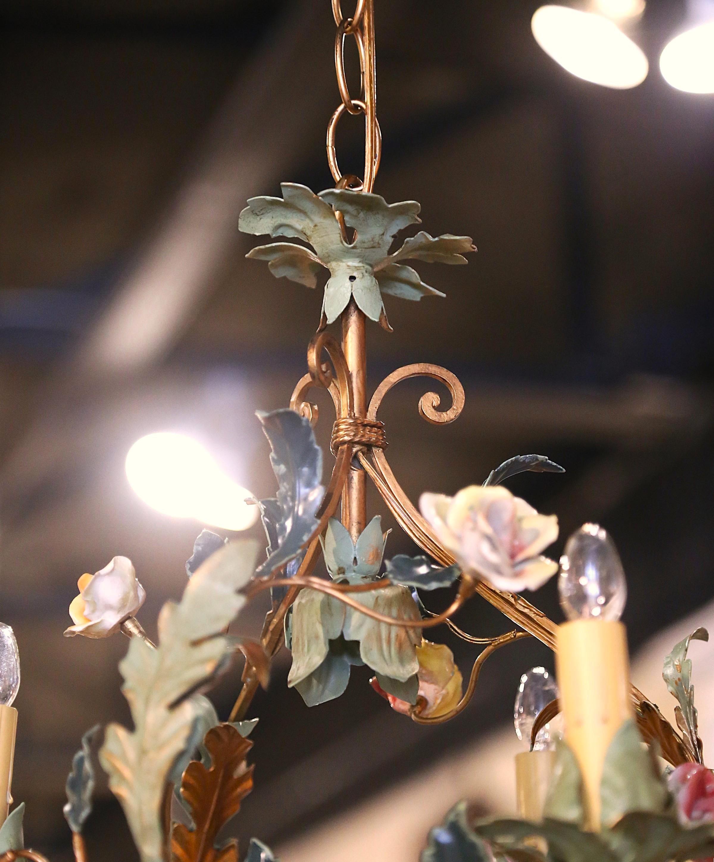 Pair of Early 20th Century French Three-Light Chandeliers with Porcelain Flowers For Sale 2