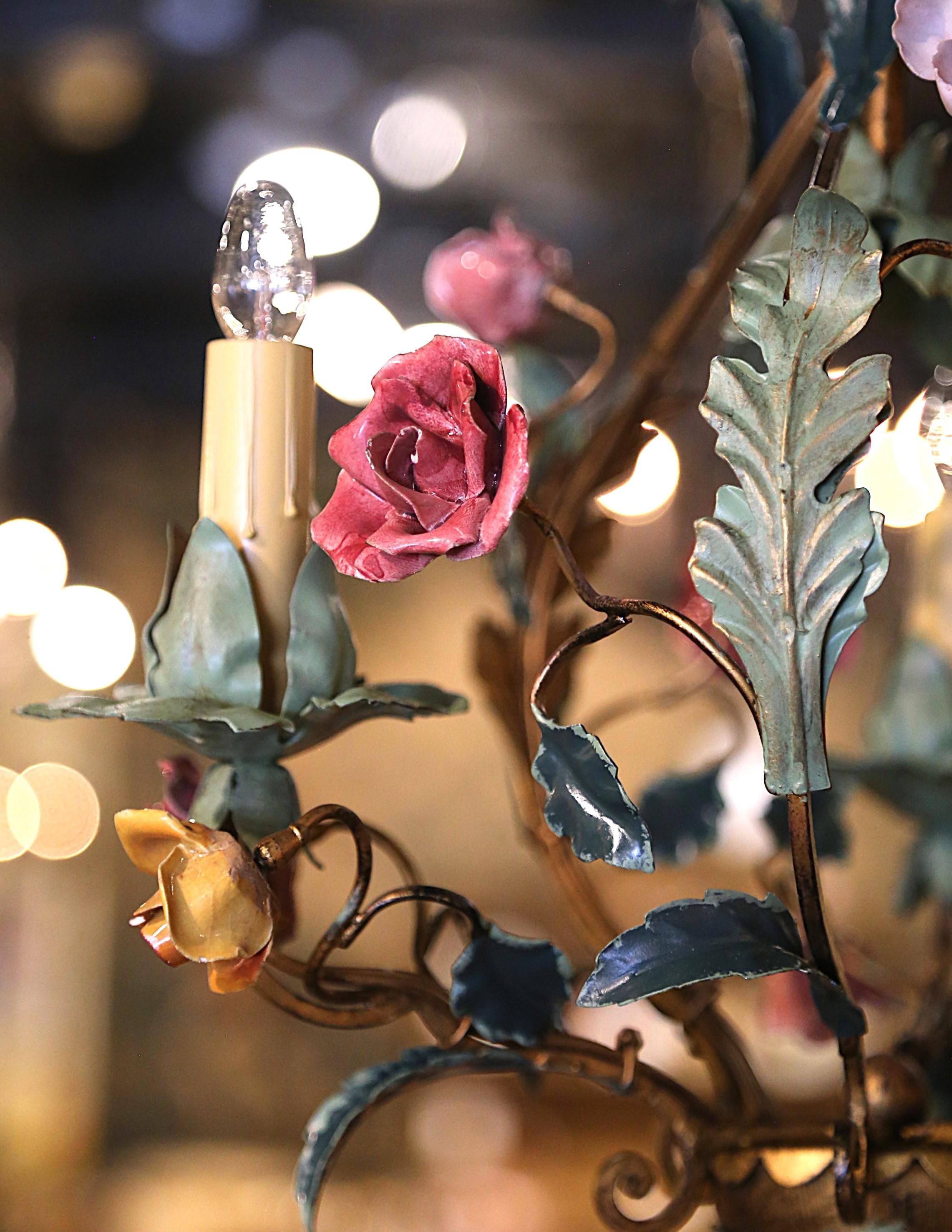 Pair of Early 20th Century French Three-Light Chandeliers with Porcelain Flowers For Sale 4