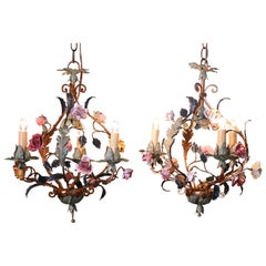 Pair of Early 20th Century French Three-Light Chandeliers with Porcelain Flowers