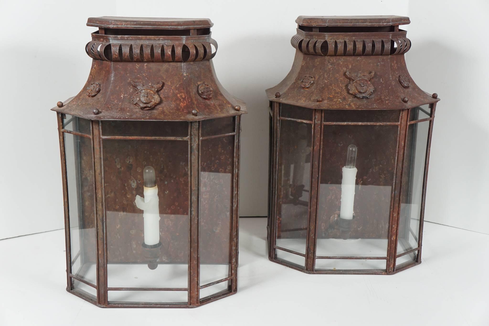 Pair of Early 20th Century French Tole Wall Mounted Lanterns 4