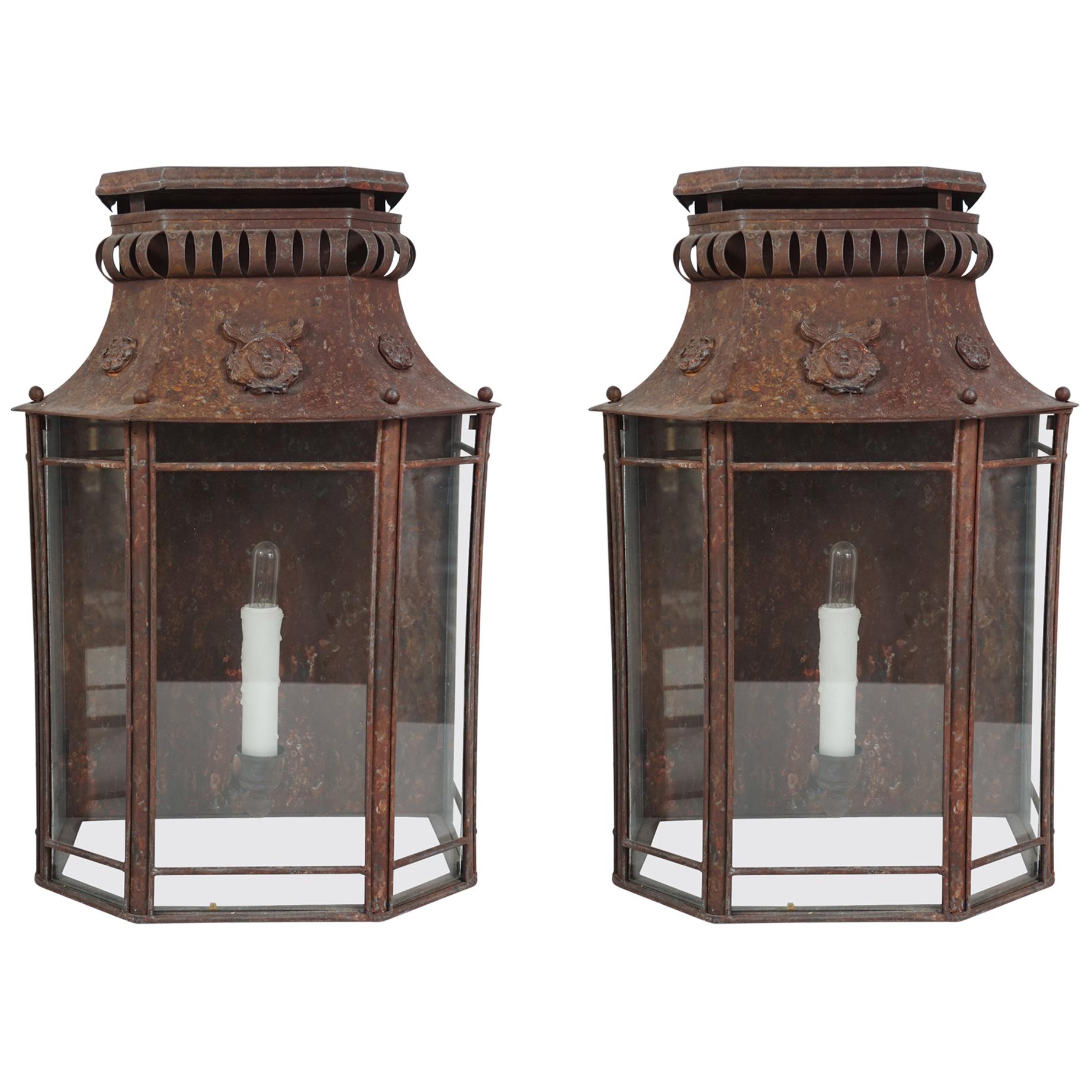 Pair of Early 20th Century French Tole Wall Mounted Lanterns