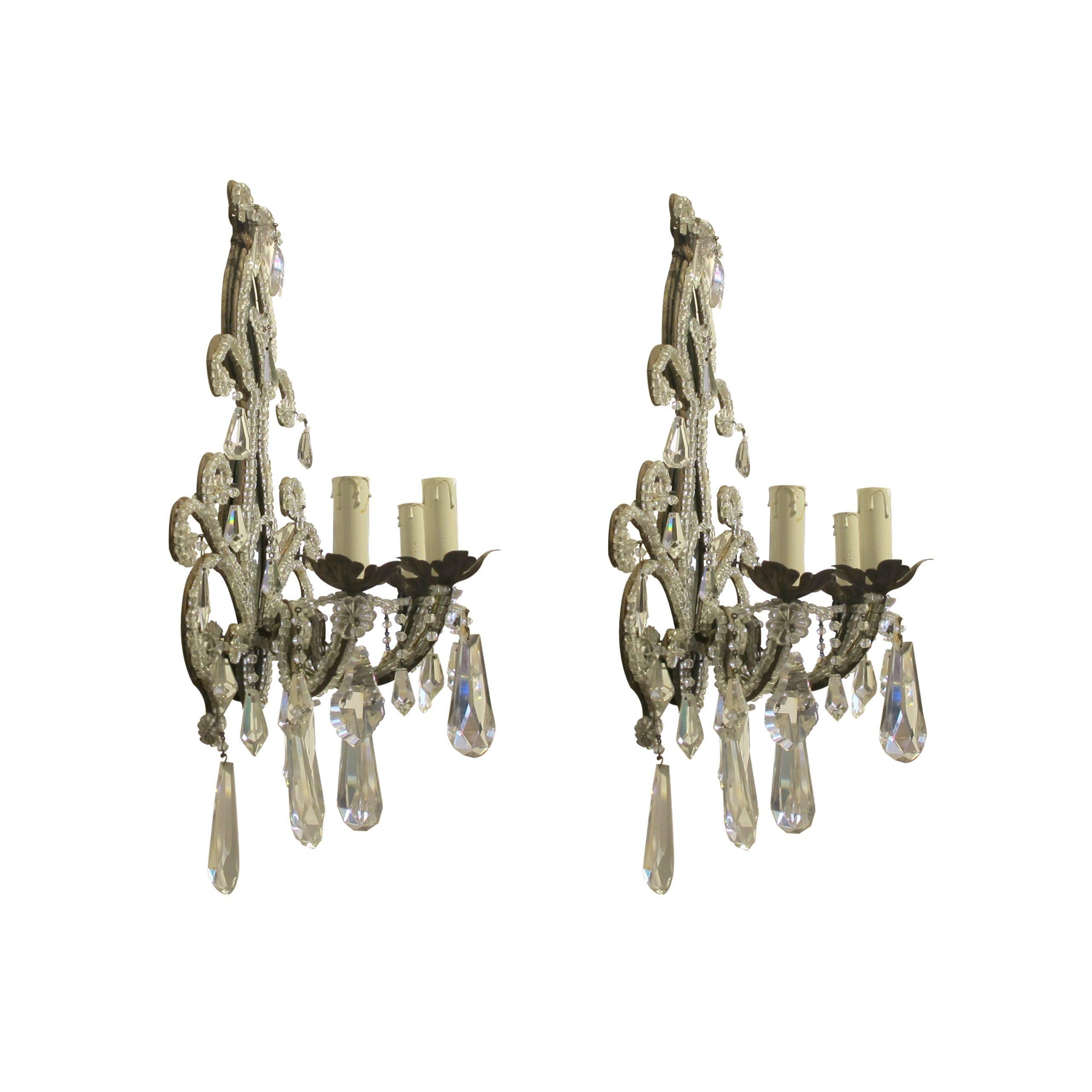 Beaded Pair of Early 20th Century French Wall Sconces Lights with Crystal Beads