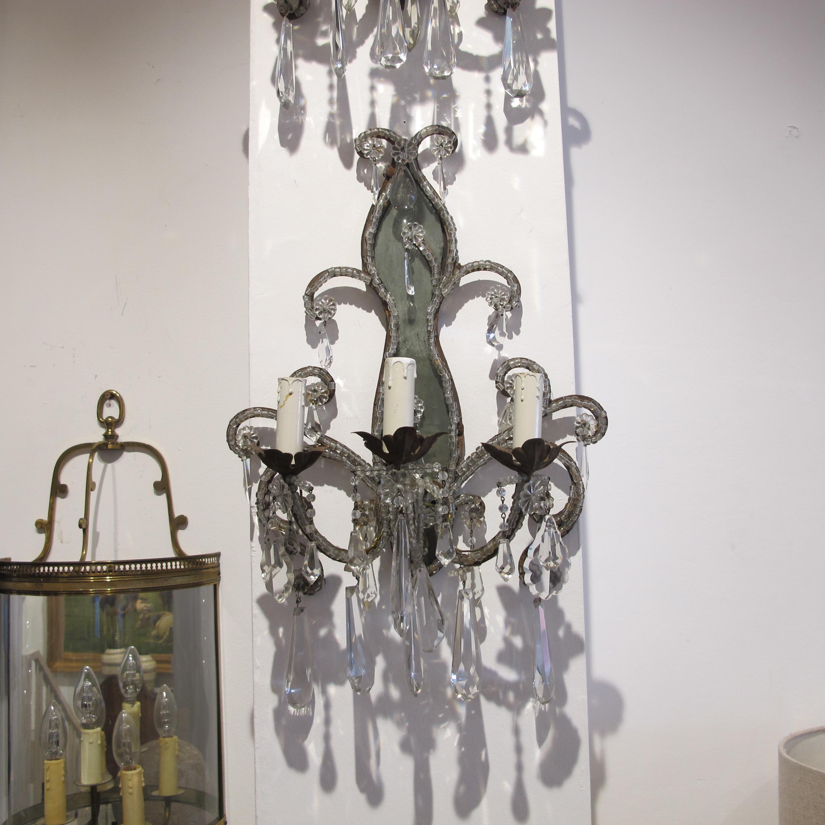 Pair of Early 20th Century French Wall Sconces Lights with Crystal Beads In Fair Condition In London, GB