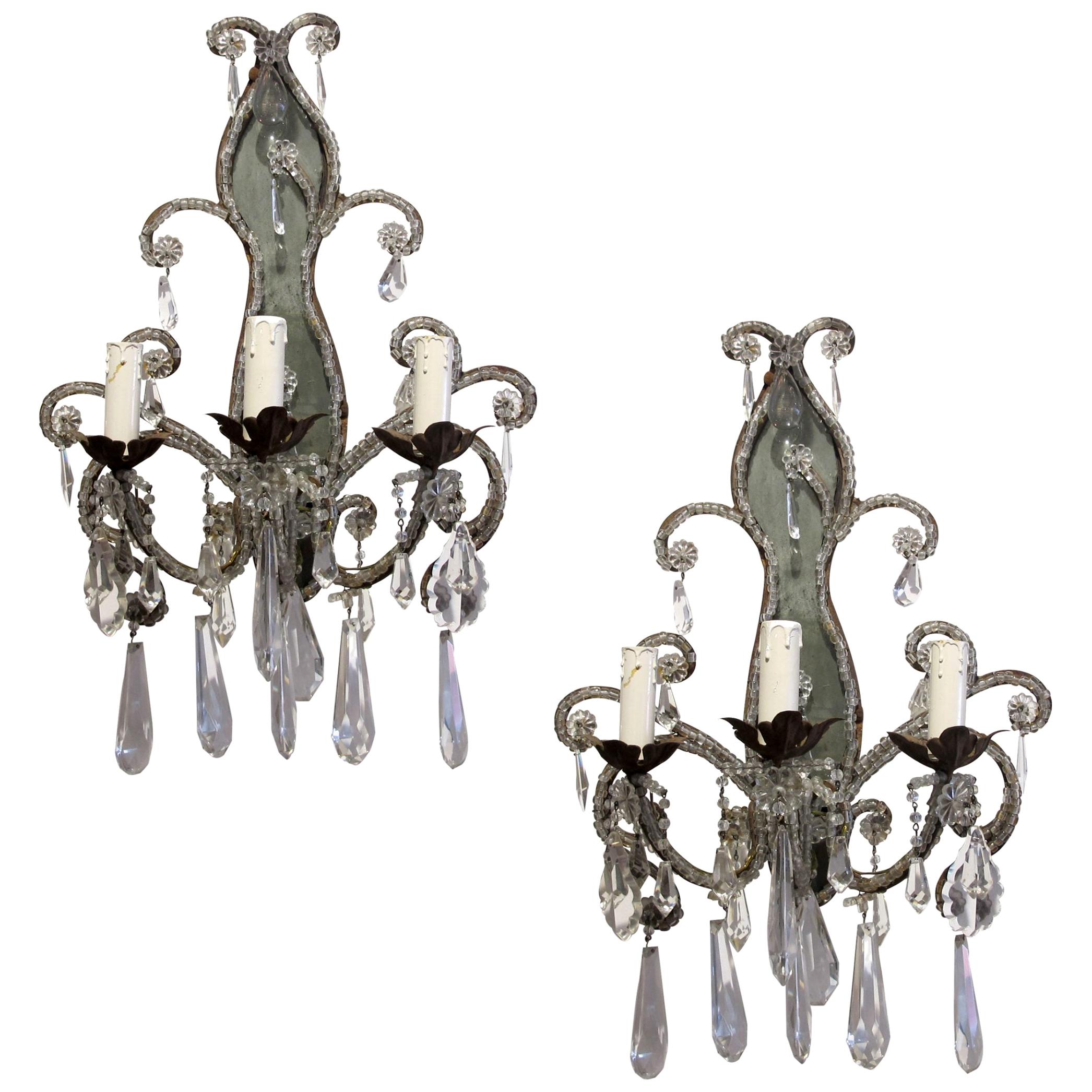 Pair of Early 20th Century French Wall Sconces Lights with Crystal Beads