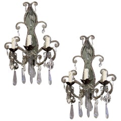 Antique Pair of Early 20th Century French Wall Sconces Lights with Crystal Beads