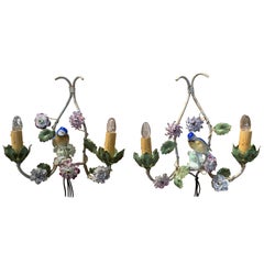 Pair of Early 20th Century French Wall Sconces with Porcelain Flowers and Bird