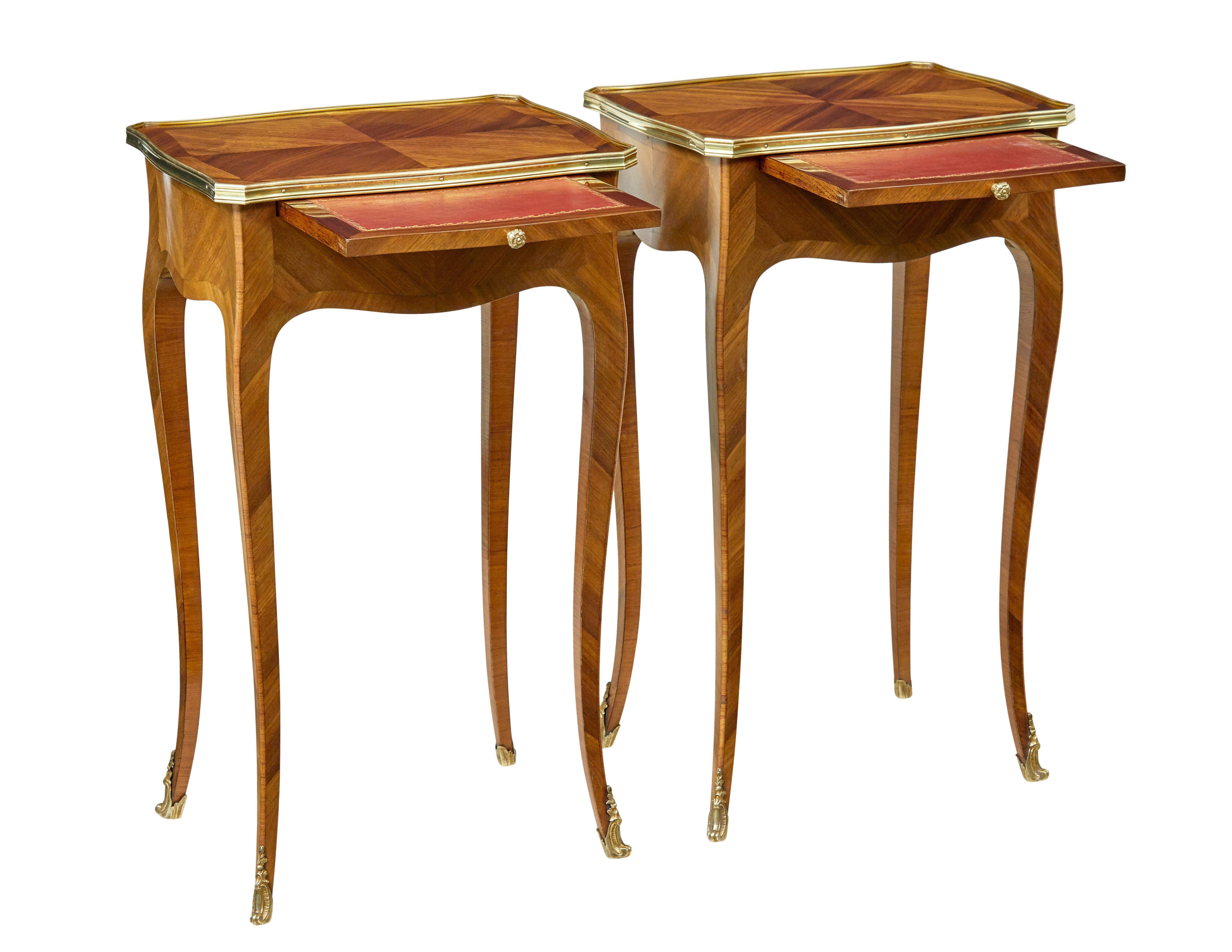 Pair of early 20th century french walnut side tables circa 1900.

Fine quality pair of side tables, with multiple uses around the home, even lending themselves to being used as a pair of bedside tables.

Quarter veneered top surface with cross