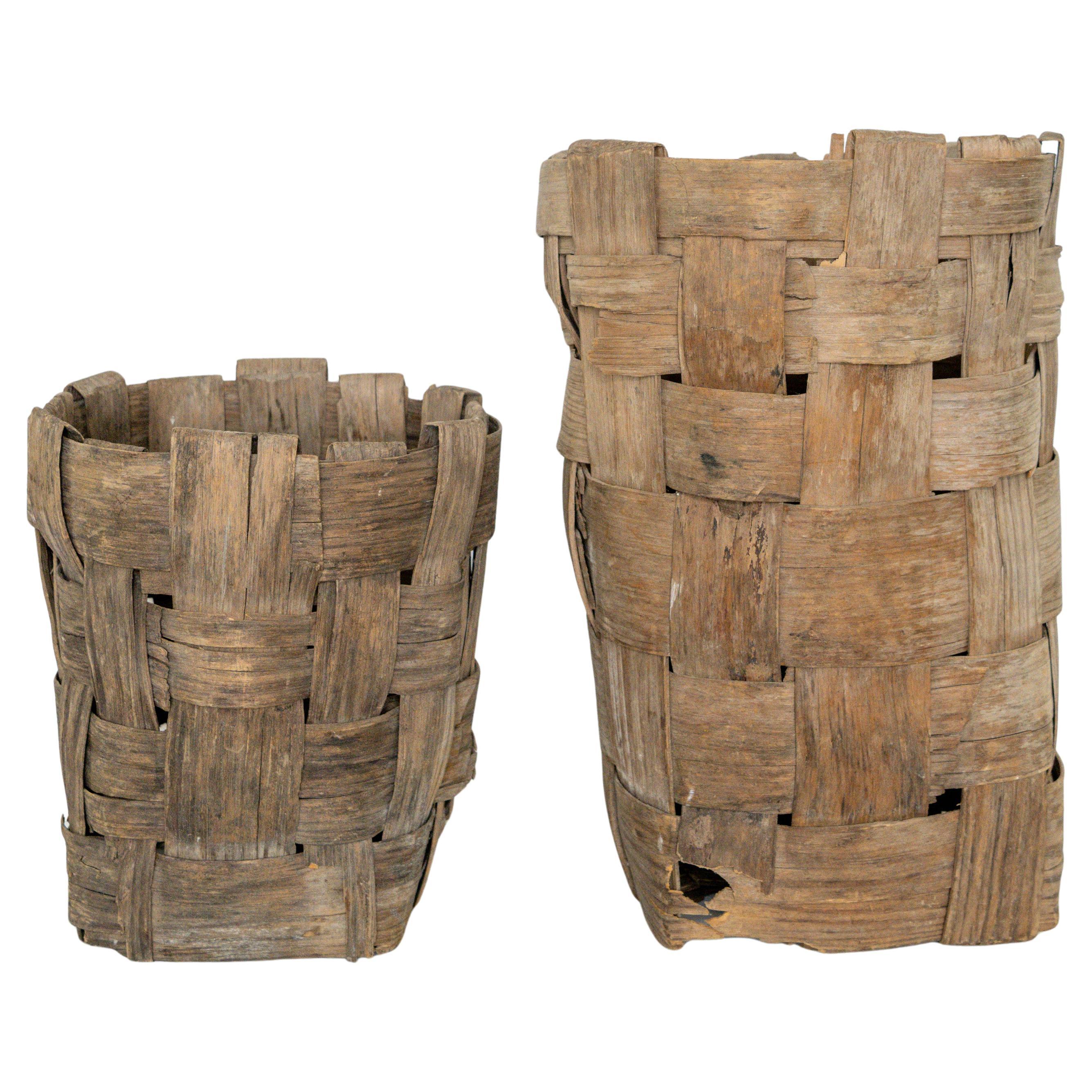 Pair of Early 20th Century French Willow / Hazel Harvest Baskets / Painted Marks