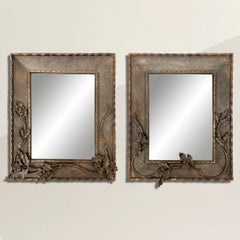 Pair of Early 20th Century French Wrought Iron Oak Leaf Mirrors