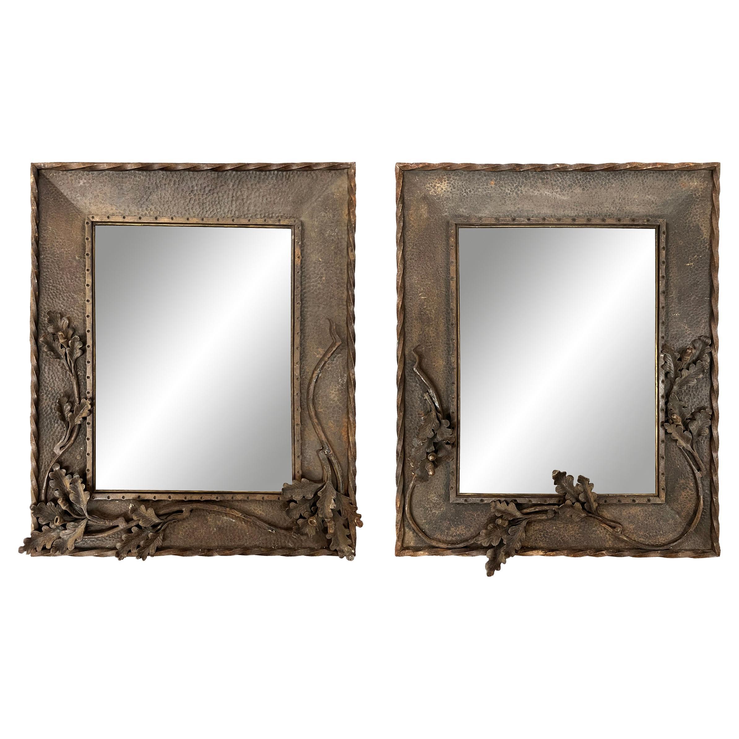 Pair of Early 20th Century French Wrought Iron Oak Leaf Mirrors