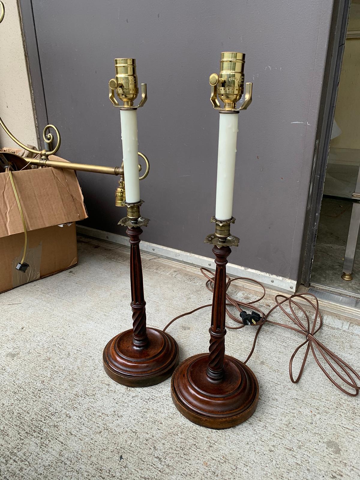 Brass Pair of Early 20th Century George III Style Carved Wood Candlesticks as Lamps