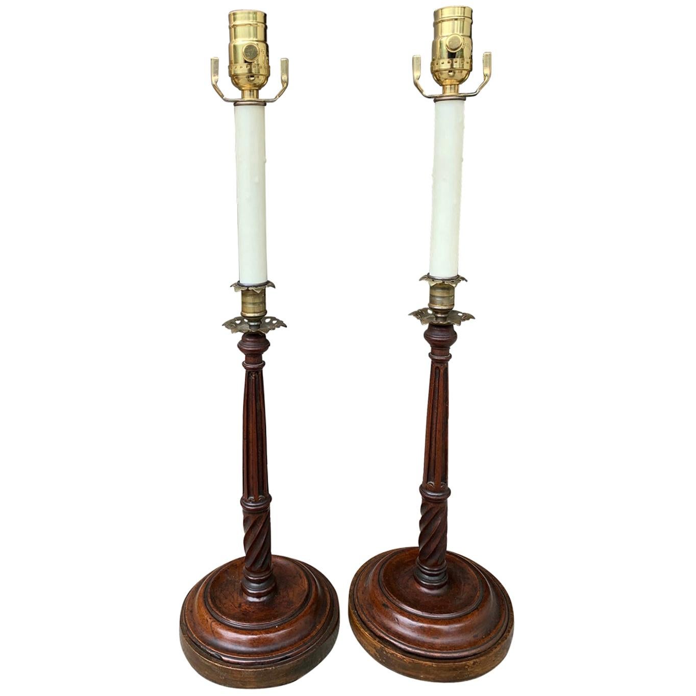 Pair of Early 20th Century George III Style Carved Wood Candlesticks as Lamps