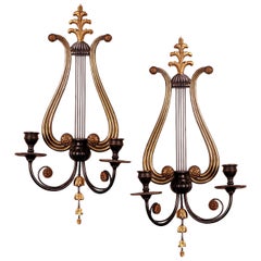 Pair of Early 20th Century Gilt Brass and Lacquered Regency Style Lyre Sconces