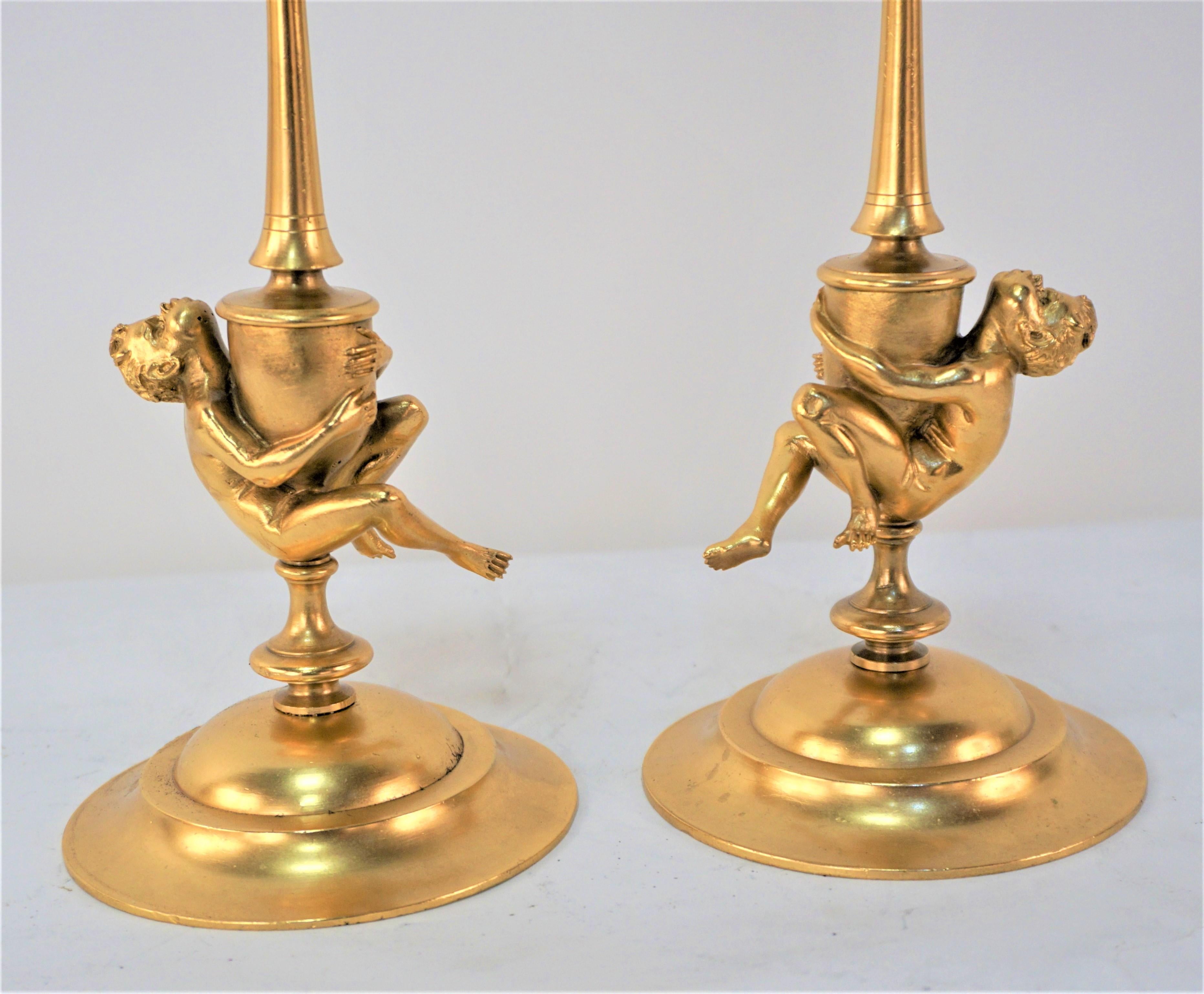 French Pair of Early 20th Century Gilt Bronze Candlesticks For Sale