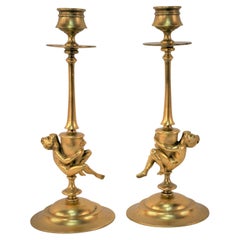 Antique Pair of Early 20th Century Gilt Bronze Candlesticks