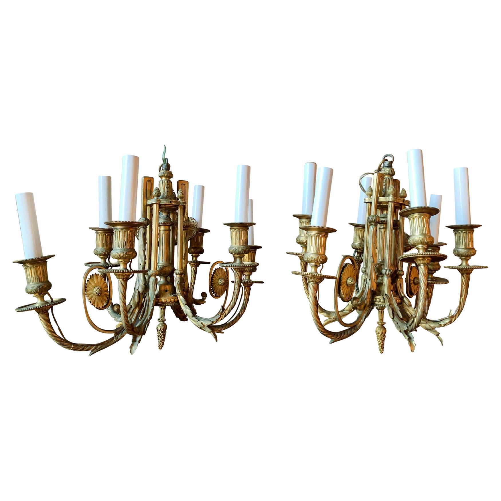 Pair of Early 20th Century Gilt Bronze Chandeliers For Sale
