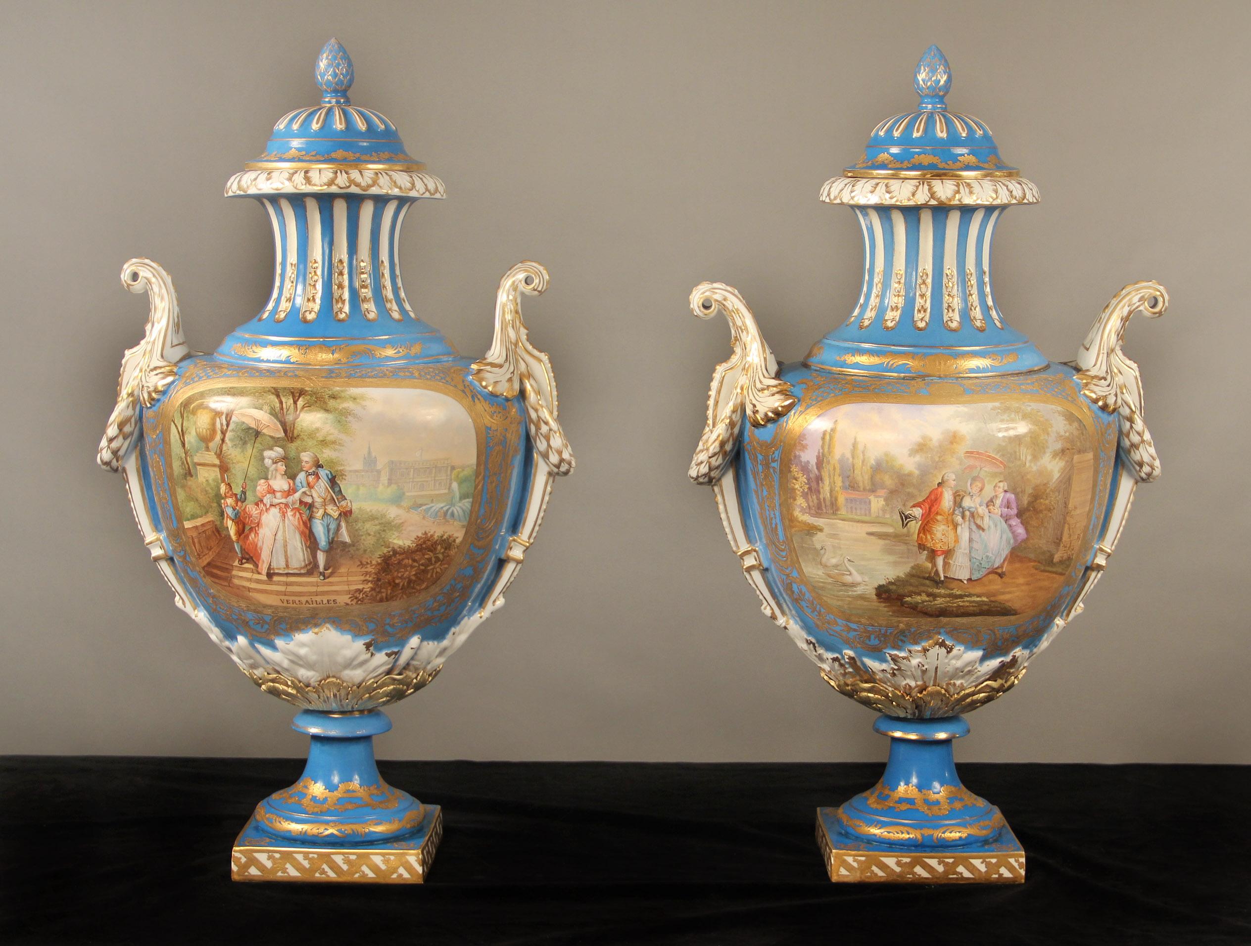 A Lovely Pair of Early 20th Century Gilt Bronze Mounted Turquoise Sèvres Style Porcelain Vases and Covers

Each of baluster form with domed cover with pine cone finial, above a waisted neck and bulbous body finely painted with Watteau-esque scènes