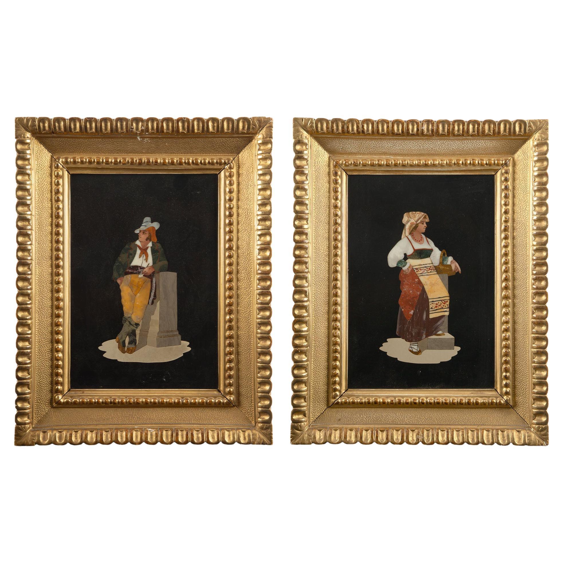 Pair of Early 20th Century Gilt framed Pietra Dura of a Man and a Woman For Sale