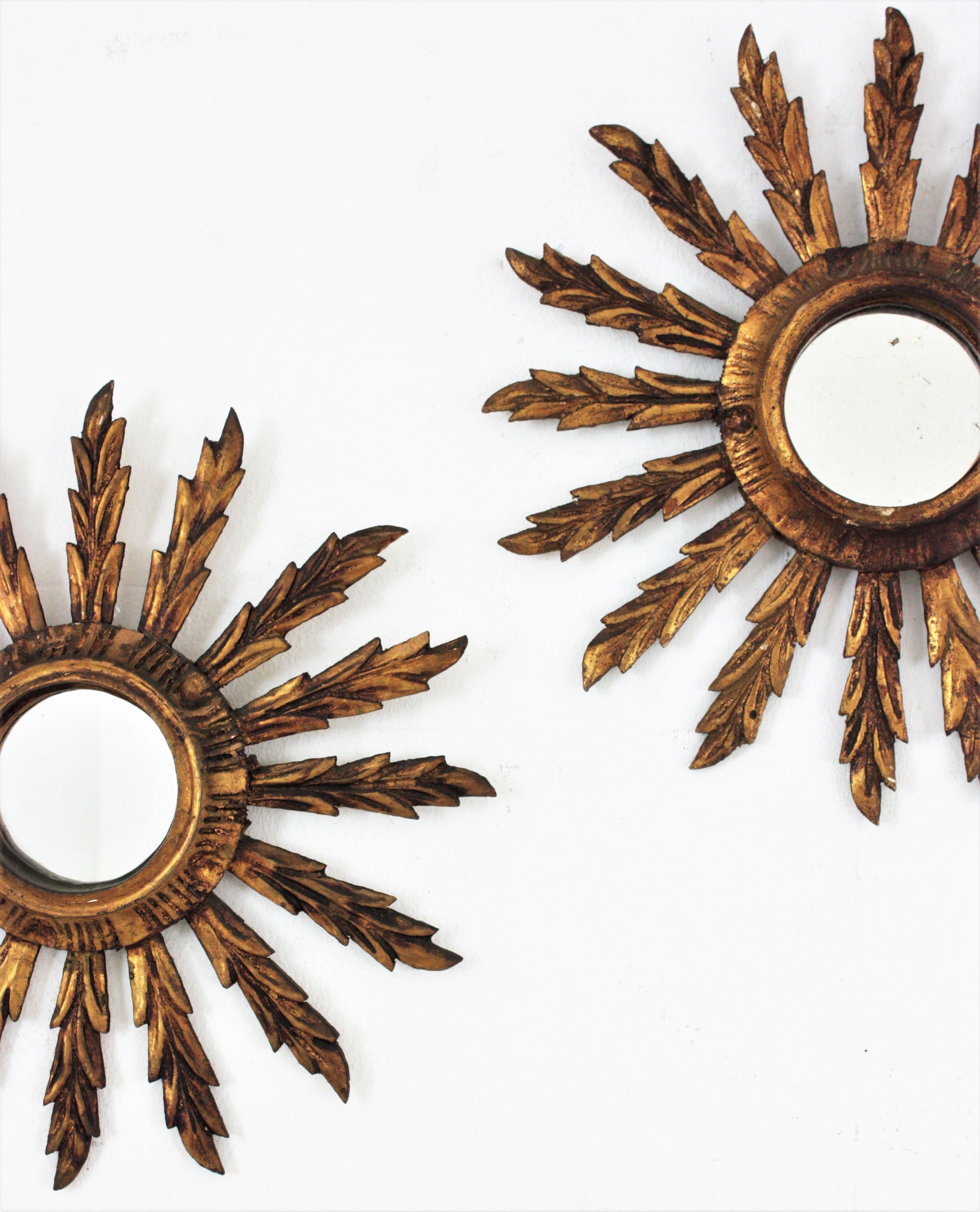 Pair of Early 20th Century Giltwood Mini Sunburst Mirrors  1