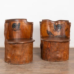 Pair of Early 20th Century Hand-Carved Log Stools “Kubbestol” with Turkeys