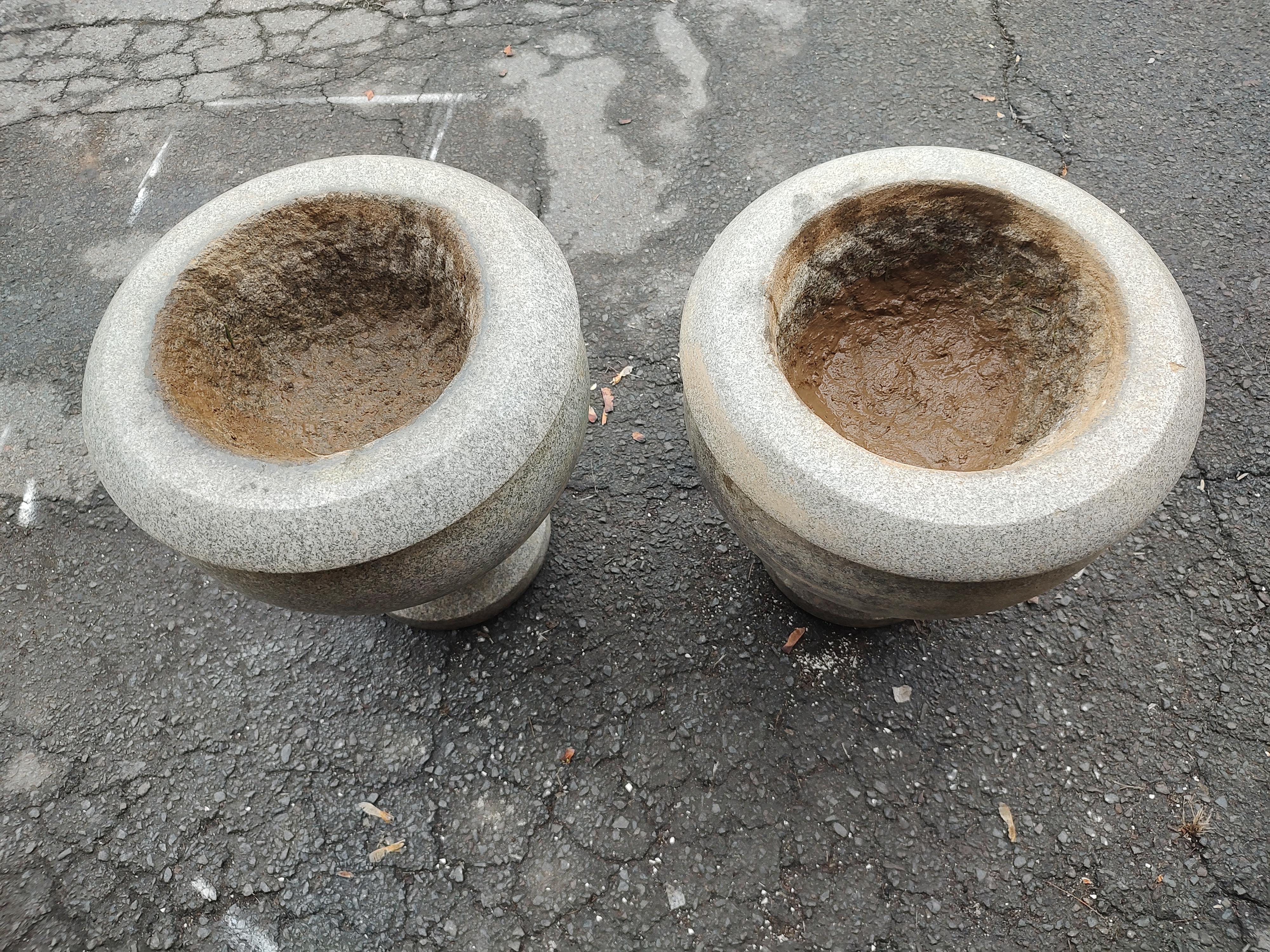Pair of Early 20th Century Hand Chiseled & Polished Granite Garden Urns Planters For Sale 5