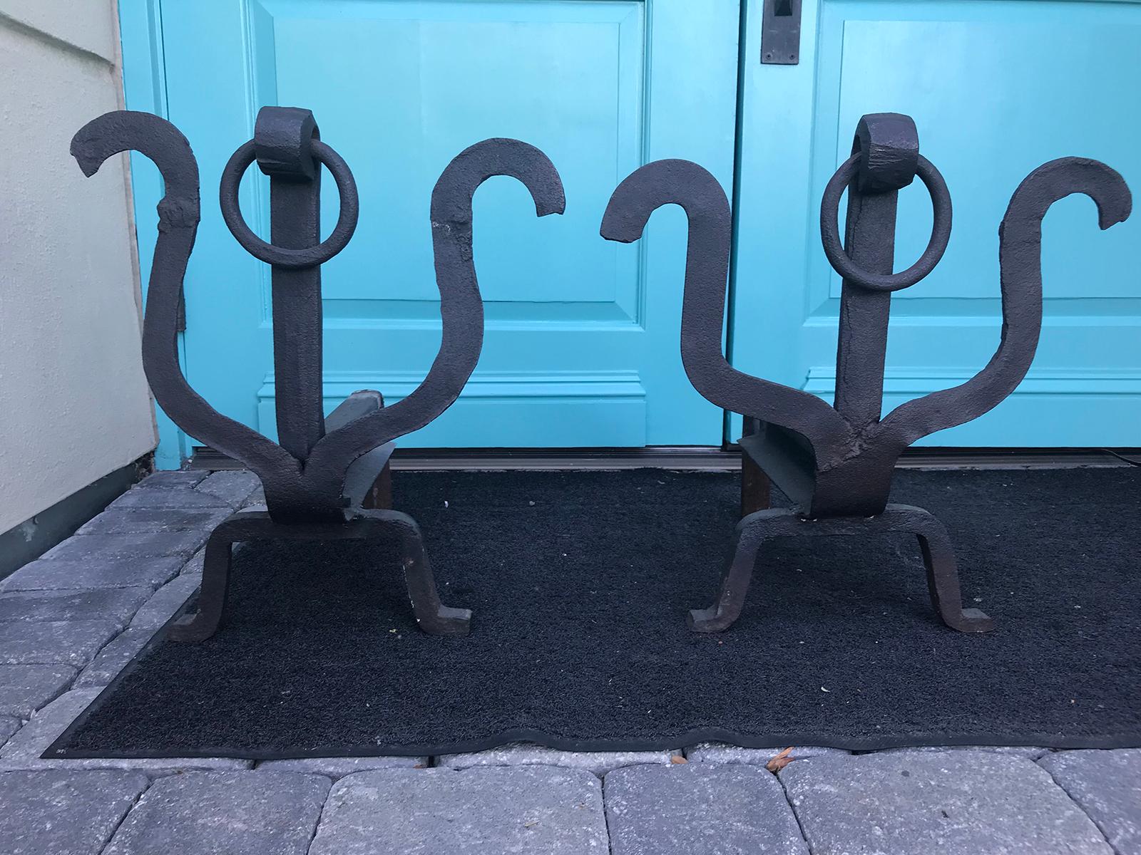 Pair of Early 20th Century Hand Wrought American Andirons In Good Condition For Sale In Atlanta, GA