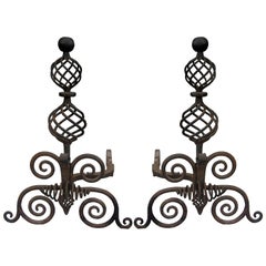 Pair of Early 20th Century Handwrought Iron Andirons with Ball Finials Pair of Early 20th Century Handwrought Iron Andirons with Ball Finials