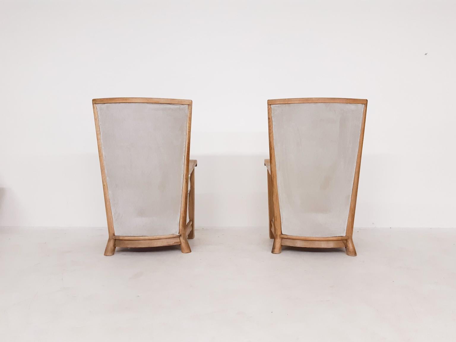 Art Deco Pair of Early 20th Century High Back Armchairs in New Velvet and Oak