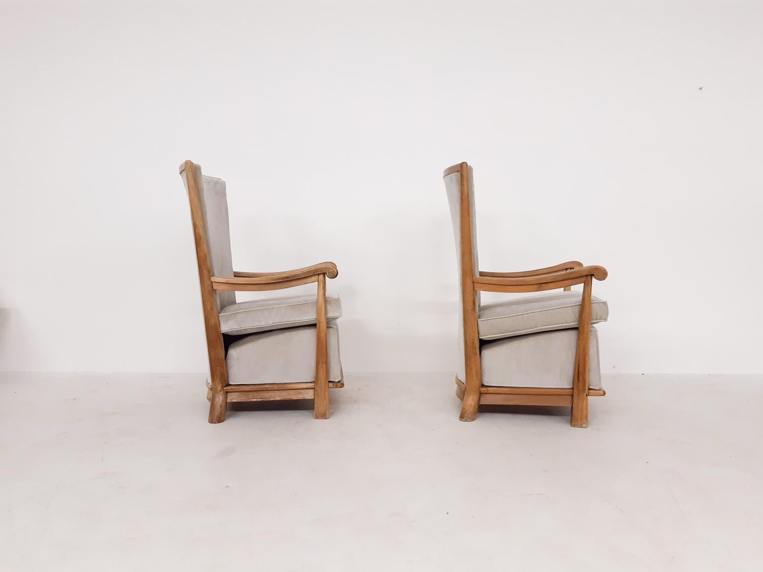 Dutch Pair of Early 20th Century High Back Armchairs in New Velvet and Oak