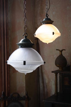 Pair of Early 20th Century Holophane Prismatic Glass and Brass Pendants Lights