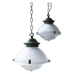 Pair of Early 20th Century Holophane Prismatic Glass and Brass Pendants Lights
