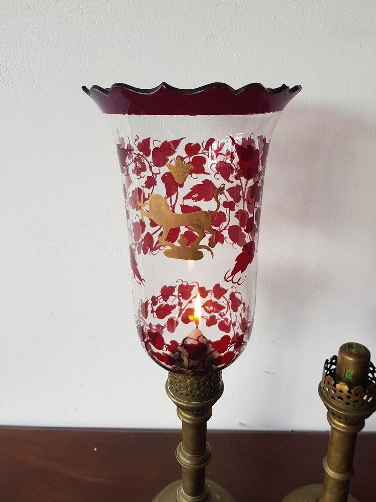 Pair of Early 20th Century Hurricane Candle Lamps with Painted Glass at
