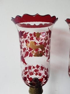 Pair of Early 20th Century Hurricane Candle Lamps with Painted Glass