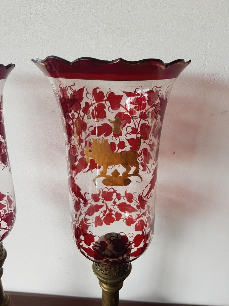 Pair of Early 20th Century Hurricane Candle Lamps with Painted Glass at