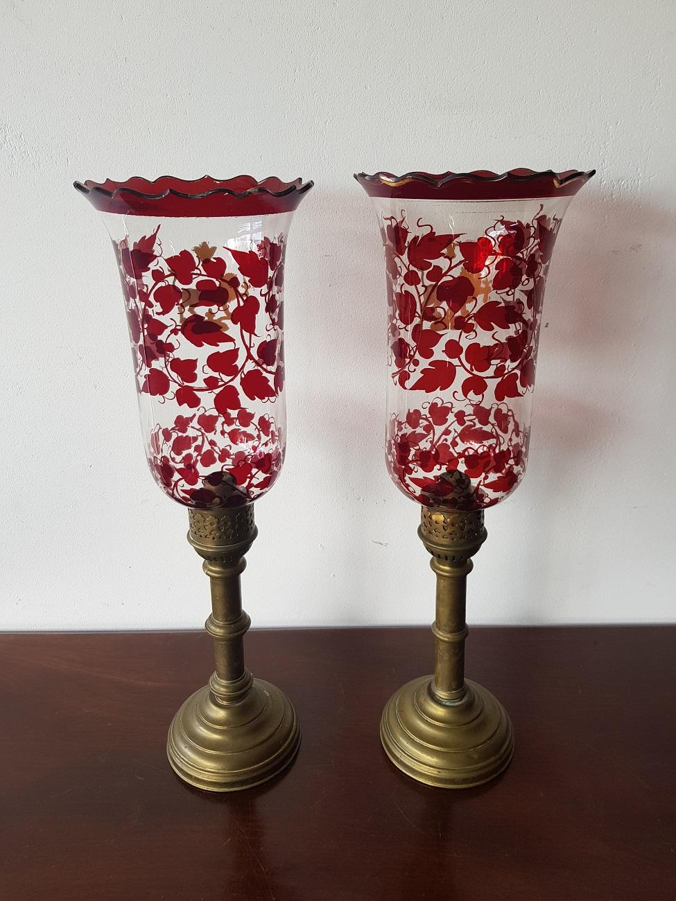 Brass Pair of Early 20th Century Hurricane Candle Lamps with Painted Glass