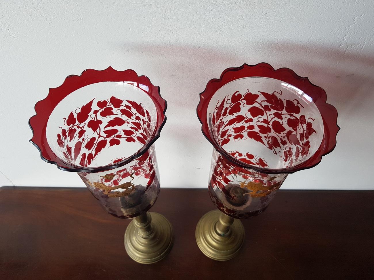 Pair of Early 20th Century Hurricane Candle Lamps with Painted Glass 1
