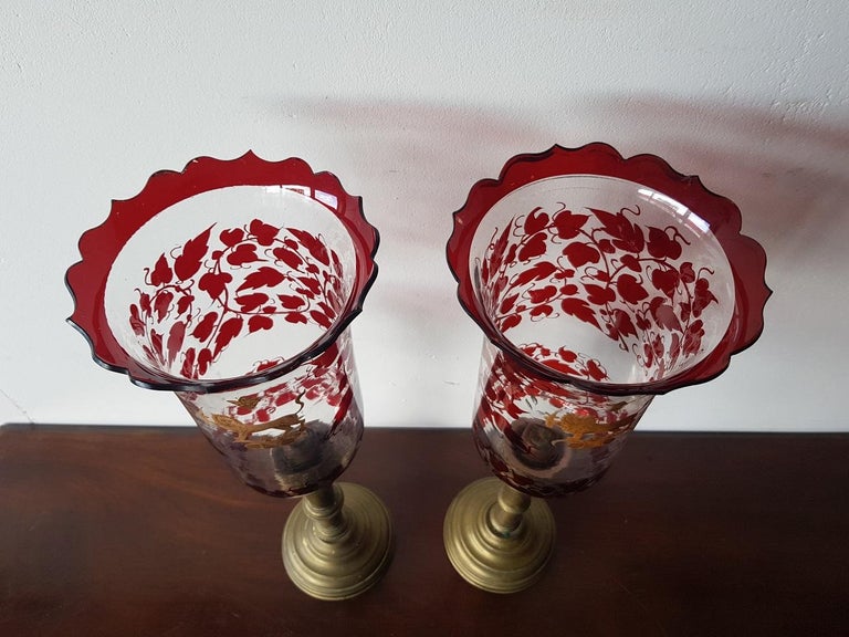 Pair of Early 20th Century Hurricane Candle Lamps with Painted Glass at