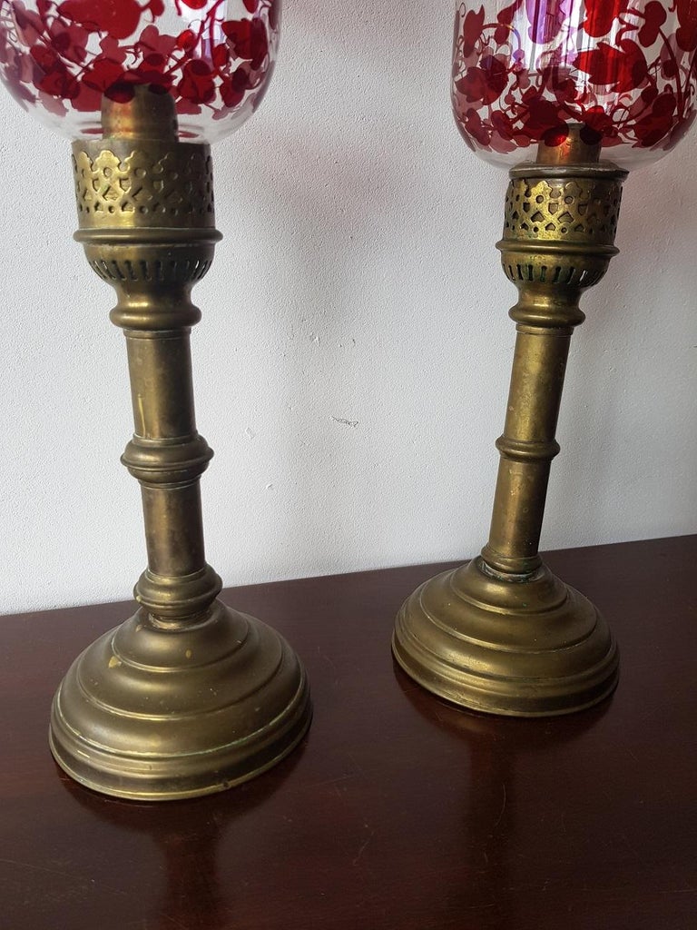 Pair of Early 20th Century Hurricane Candle Lamps with Painted Glass at