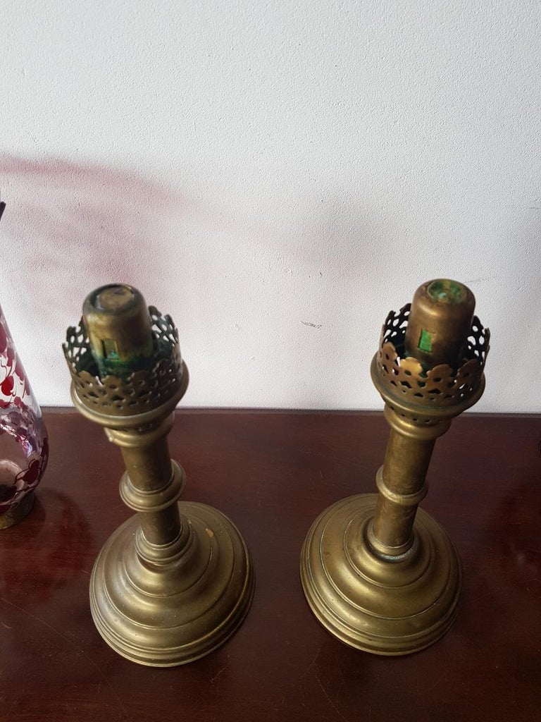 Pair of Early 20th Century Hurricane Candle Lamps with Painted Glass at
