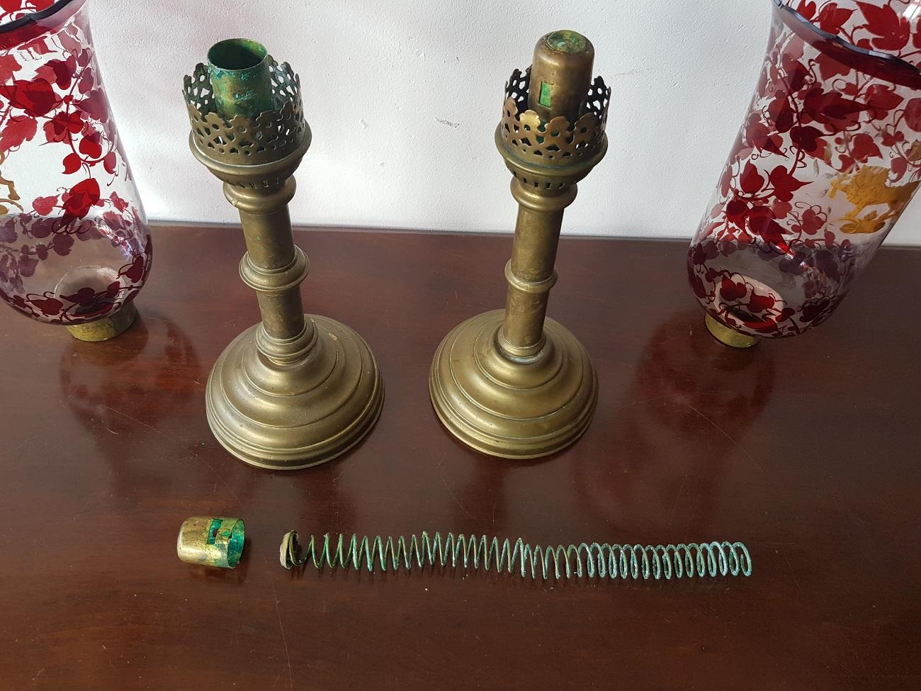 Pair of Early 20th Century Hurricane Candle Lamps with Painted Glass 4
