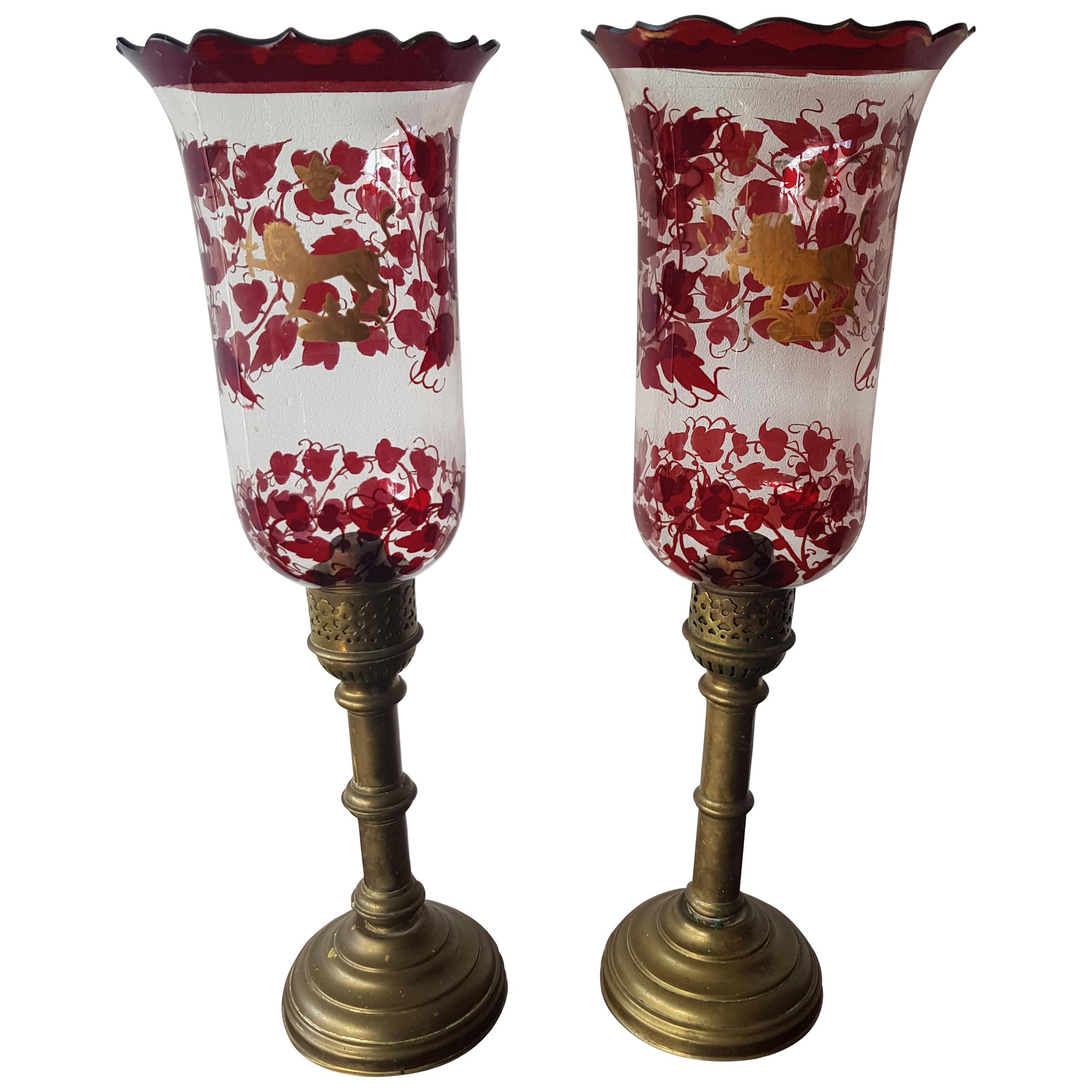Pair of Early 20th Century Hurricane Candle Lamps with Painted Glass