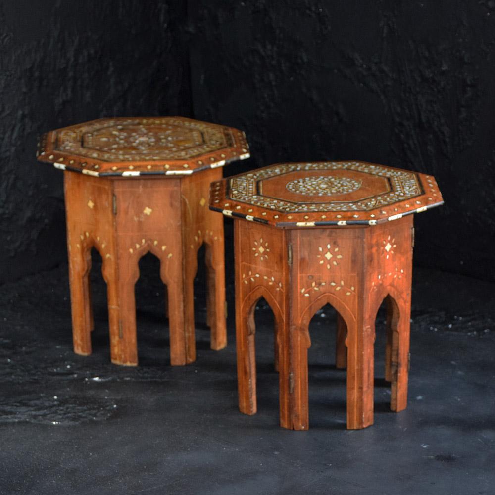 Pair of Early 20th Century Indian Hoshiarpur occasional tables 
We share what we love, and we love the usually small size of these early 20th Century Hoshiarpur folding occasional tables. An unmatched pair that can easily be folded away, with their